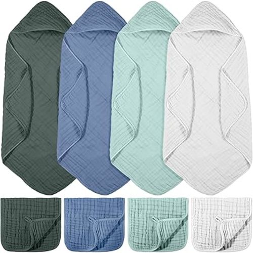 VitalCozy 8 Pcs Baby Muslin Hooded Bath Towels and Washcloths Muslin Cotton Hooded Baby Towels Absorbent Blankets for Gift Newborn Infant Shower (32 x 32 Inch,Mist Colors)