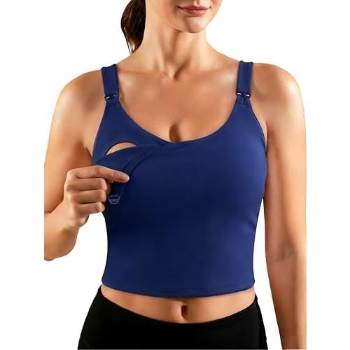 Ecavus Nursing Bras for Breastfeeding Longline Sports Maternity V Neck Buttery Soft Crop Tank Top with Built in Bra