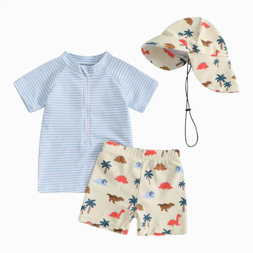 UngA Baby Boy 3 Pieces Swimsuit Quick Dry Swim Trunks Set Toddler Short Sleeve Rash Guard Sets Beach Hawaii Bathing Suits Swimwear with Sun Hat (Blue,6-12 Months)