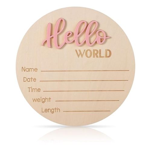 Baby Announcement Sign, 5.9in Wooden Hello World Newborn Signs Birth Announcement Sign Welcome Name Plaques for Newborn Boys and Girls Photo Props Baby Shower Hospital Nursery (Light Pink)