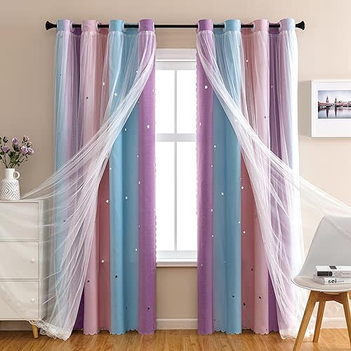 Girls Curtains for Bedroom, Purple Rainbow Blackout Curtains fo Kids Room Decor, Princess Unicorn Wall Decals Pink 63 Inches Long 34 Wide 1 Panel