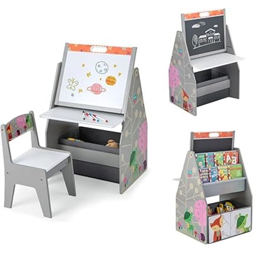 Costzon 3 in 1 Kids Easel with Chair, Wooden Art Table with Adjustable Double-Sided Magnetic Whiteboard & Blackboard, Bookshelf, Storage Bin, Kids Table and Chair Set for Drawing, Writing (Grey)
