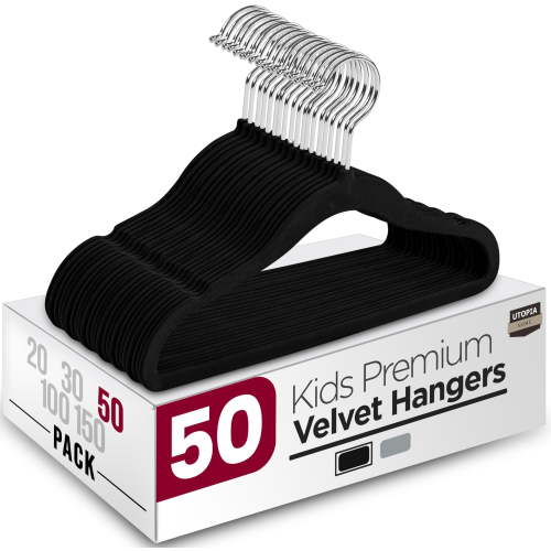 Utopia Home Kids Velvet Hangers 50 Pack 11 Inch Non-Slip Baby Hangers for Baby and Toddlers, Durable Ultra-Slim Space-Saving Closet Organizers Black