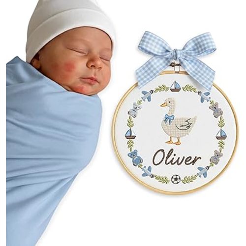 Embroidery Baby Name Sign, Personalized Welcome Baby Hoop Sign with Bow, Custom Baby Name Sign for Hospital, Infant Baby Shower Gifts New Parents (09)