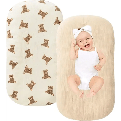 Little Jump Organic Cotton Muslin Baby Lounger Covers, 2 Pack, Soft Removable Slipcovers for Newborn Infant Lounger, for Girls Boys, Coffee Checkered (Teddey Bears & Kakhi)
