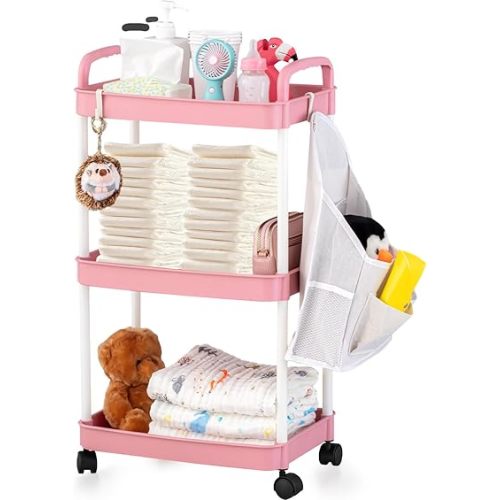Barydat Set of 3 Tier Rolling Cart with Hanging Diaper Caddy Organizer, Roller Book Snack Baby Diaper Bedside Cart, Utility Storage Organizer Trolley for Baby Nursery, Kitchen, Bathroom, Office(Pink)