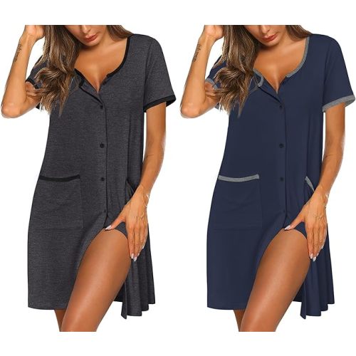 Ekouaer Nightgowns for Women 2 Pack Button Down Sleep Shirts Short Sleeve Nightshirt Sleepwear House Dress with Pockets