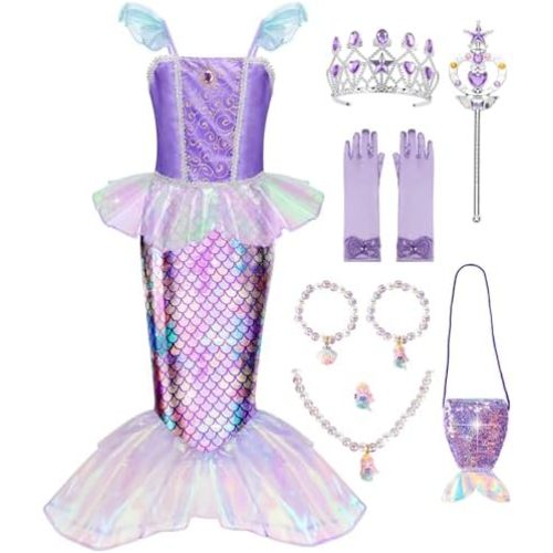 Meland Mermaid Dress - Little Mermaid Costume with Bag for Girls 3-10, Princess Dress Up for Birthday Gift, Halloween Costume