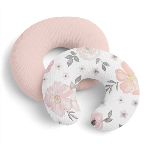 Sweet Jojo Designs Baby Girl Muslin 100% Cotton Nursing Pillow Cover Set Watercolor Floral Pink and Grey 2pc