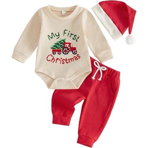 Karuedoo My First Christmas Baby Boy Outfit Newborn Waffle Romper Pants Set