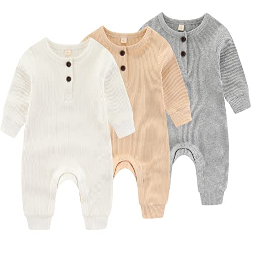 IADOER Newborn Baby Boys Girls One Piece Romper With Mitten Cuffs 3 Pack Long Sleeve Ribbed Button Jumpsuit Outfit Clothes