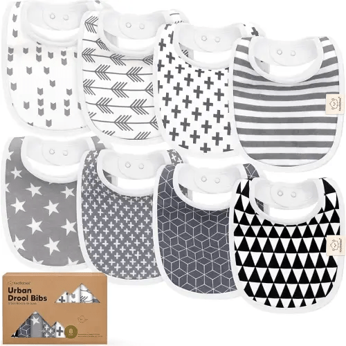 8-Pack Organic Baby Bibs for Boys, Girls - Soft Cotton Drooling and Teething Bibs for Baby Girl & Boy, Extra Absorbent, Easy To Clean & Put On for Toddler, Newborn, Infant 0-24 Months (Grayscale)