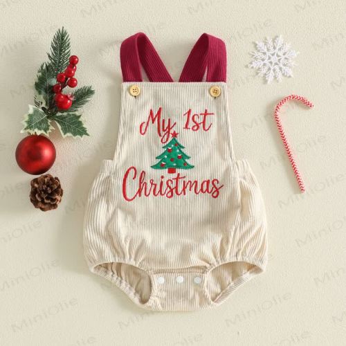MY 1ST CHRISTMAS Baby Embroidered Suspender Bodysuit