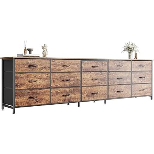 Huuger 78.7 inch Long Dresser for Bedroom, 15 Drawer Fabric Dresser for Closet, Large TV Stand for 65, 75, 85 inch TV, Wide Chest of Drawer with Storage, 78.7" W x 12.9" D x 26.7" H, Rustic Brown