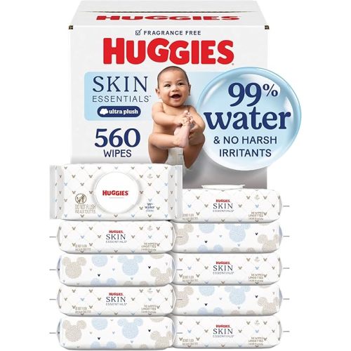 Huggies Skin Essentials Baby Wipes, Hypoallergenic, 99% Water, 10 Flip Top Packs (560 Wipes Total)