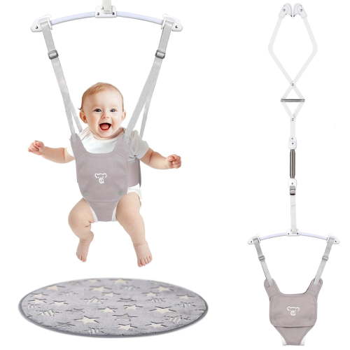 Baby Jumper, Baby Doorway Jumper with Adjustable Strap, Protable Baby Jumpers and Bouncers, Easy to Assemble, Toddler Bouncer Jumper with Floor Mat, Gray