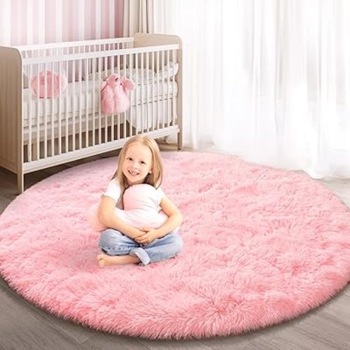 Round Rug for Bedroom, 4x4 Fluffy Soft Circle Area Rugs for Kids Girls Nursery Room, Washable Plush Shaggy Indoor Floor Bedside Living Room Circular Carpet, Home Decor Aesthetic, Pink