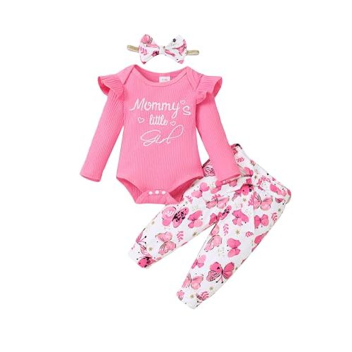 veikimous Baby Girl Clothes Infant Girl Ruffle Ribbed Romper Floral Pants Set Cute Newborn Girl Clothes