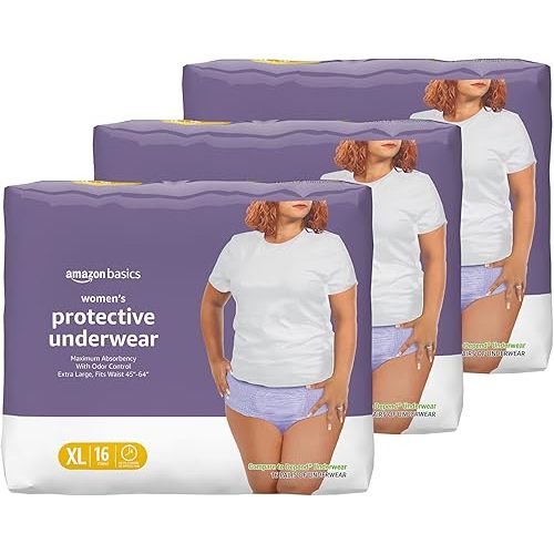 Amazon Basics Incontinence Underwear for Women, Protective, Disposable, Postpartum, Maximum Absorbency, X-Large, Lavender, 48 Count (3 Packs of 16)