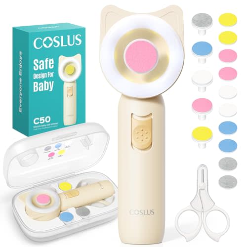 COSLUS C50 Baby Nail File, Baby Nail Trimmer Electric, Baby Nail Clipper - Gentle, Quiet with 360° Light, Safe for Sleep Time Grinding, 16-in-1 Kit for Newborn, Infant & Toddler, Lemon Yellow