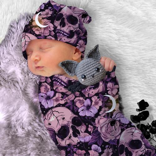 Goth Skulls Florals and Moons Swaddle Blanket, Goth Baby Swaddle, Witchy Skull Blanket + Headband Bow or Hat, Pastel Goth Newborn