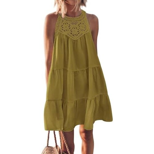 BIVENANT Womens Boho Halter Swing Plus Size Sundress Hollow Out Sleeveless A Line Mini Maternity Dress for Summer Vacation