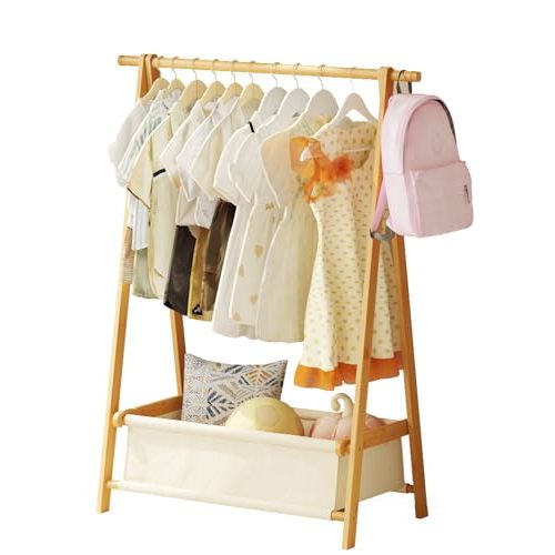 Dress Up Rack - Clothing Rack with Storage Box, Dress Up Storage, Small Foldable Bamboo Garment Stand with Hanging Rods, Dress Up Holder