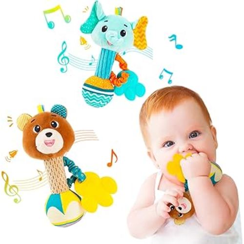 Baby rattles 0-6 months, Set of 2 rattles for babies 0-6 months, Soft Stuffed Animal Rattle Hand Grip Baby Toys, baby rattle Shaker Crinkle Squeaky Sensory Travel Accessories for 0 3 6 9 12 Months old