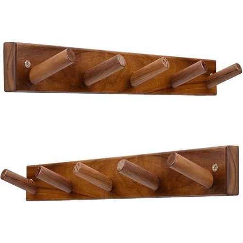 Solid Teak Wall Hooks Set 2, Rustic Wood Coat Rack Bathroom