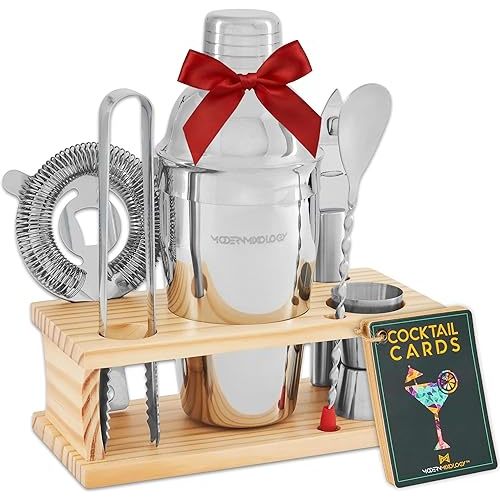 Modern Mixology Cocktail Shaker Set - 8 Piece Bartender Kit on Quality Pine Stand | Complete Cocktail Kit Gift Set | Top Bartender Gifts for Men | Leak Proof Design (Silver)