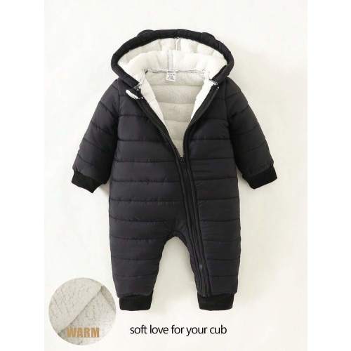 SHEIN Baby Boy Infant Toddler 0-3 Years Old Casual Daily Versatile Thermal Lined Flannel Furry Bear Ear Hooded Jumpsuit, Warm For Winter Outdoor | SHEIN USA