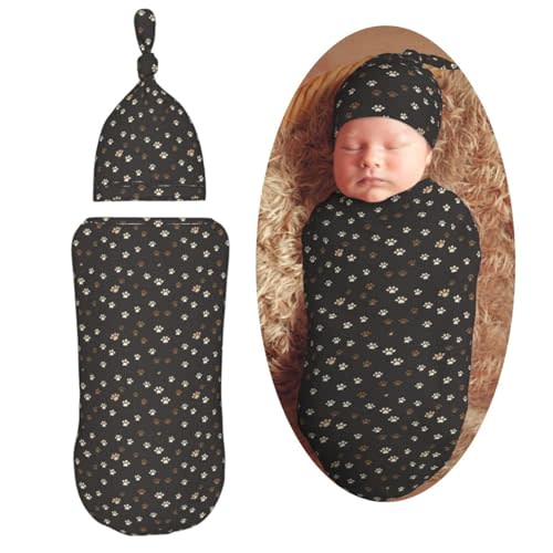 Brown Dog Paw Prints Newborn Swaddle Blankets Hat Sets Soft Baby Receiving Blanket Swaddle Sack for Baby Shower Infant Boy Girl Gift