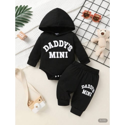 2pcs Set, Casual, Cute, Baby Boy Clothes, Infant Bodysuit, Baby Autumn/Winter Outfit, Soft & Comfortable, Letter Print Hoodie Top And Solid Letter Print Pants Set, Suitable For Daily, Vacation, Party, Outdoor | SHEIN USA