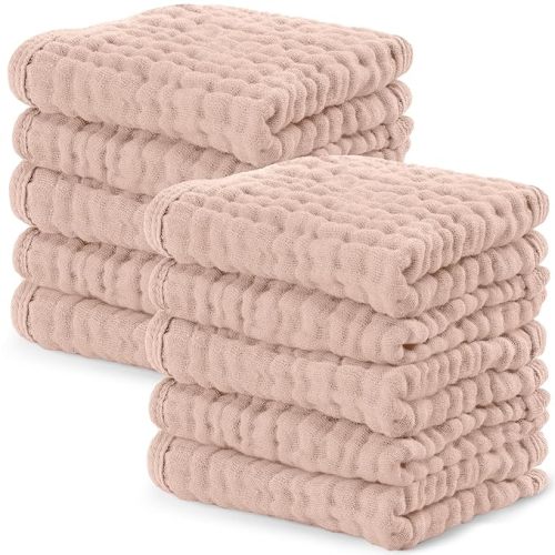 Comfy Cubs Muslin Baby Washcloths 10 Pack - Soft 6-Layer Cotton Wash Cloths for Sensitive Skin - 10"x10" Large, Gentle, Absorbent Infant Essentials for Newborn and Toddlers - Blush