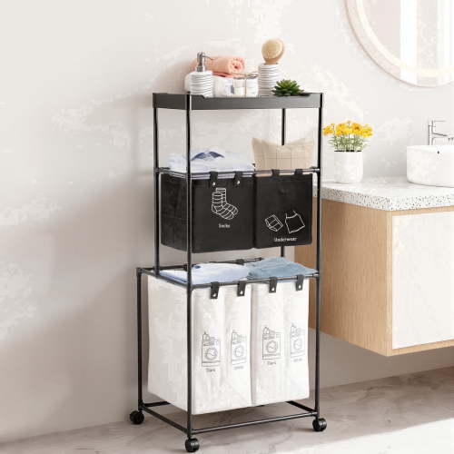 Yucurem 3-Tier Vertical Rolling Laundry Cart, 125L, Laundry Hamper with 4 Sorter Bags & Shelf, Basket for Towels, Blankets, Clothes & Bathroom Organization