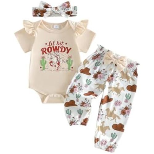 Sasaerucure Newborn Baby Girl Summer Clothes Western Letter Short Sleeve Romper and Pants Headband 3Pcs Cowgirl Outfit