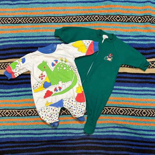 Vintage 90’s Baby Boy Onesies, Set of Two, 0-6 Months, Colorful Dino and Football Bear