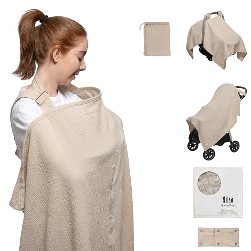 Nilsa 5-in-1 Muslin Nursing Cover up for Breastfeeding & Baby Car Seat Cover - Breathable Breastfeeding Cover With Rigid Hoop - 100% Cotton Privacy Apron Breast Feeding Covers For Women (Ecru)