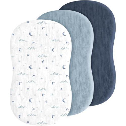 Baby Muslin Bassinet Sheets 3 Pack for Boys & Girls, Soft Breathable Cotton Bassinet Mattress Cover, Universal Fit for Hourglass, Oval, and Rectangle Mattress (Nightfall Blue)