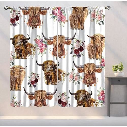 Highland Cow Curtains Western Farmhouse Cute Highland Cattle Art Printed Blackout Window Drapes for Bedroom Kitchen Decor Fabric Set 2 Panel 42x45 Inch 30% Shading Rate
