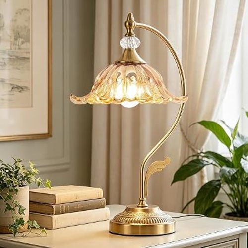 Vintage Floral Table Lamp, Plug in Mid-Century Modern Desk Lamp with Amber Glass Shade, Gold Bedside Table Lamp Dimmable for Bedroom Living Room Home Office, E26 Base, UL Listed