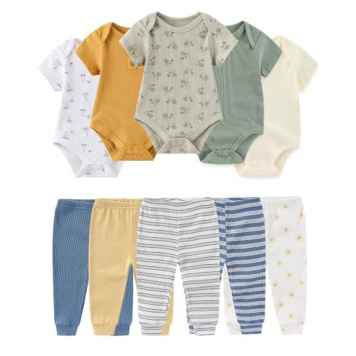 Baby Bodysuit and Pant Set Cotton Ribbed Mix Infant Girl Clothes | Unisex newborn summer outfits 10-pcs,neutral and sweet style mixed bundle gift clothing set