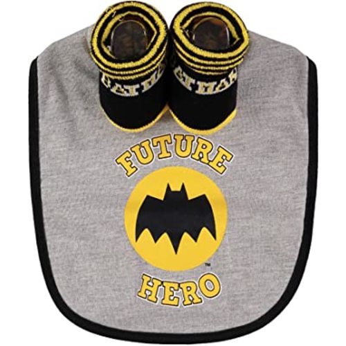 BATMAN DC Comics Baby Unisex Bib and Booties Set Baby Gift Set (Grey/Black/Yellow)