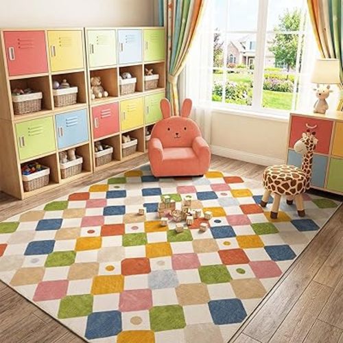 jinchan Macy 7x9 Kids Area Rug for Classroom Modern Colorful Checkered Diamond Nursery Rug Indoor Washable Soft Non Slip Carpet for Playroom Living Room Bedroom Daycare Circus on Cream