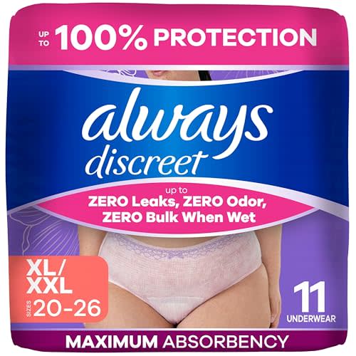 Always Discreet Reimagined Adult Diapers for Women, Maximum Absorbency Incontinence and Postpartum Underwear Size XL/XXL, Up to 100% Leak Free Bladder Leak Protection, 11 Count