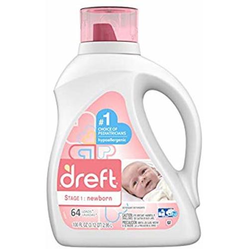 Dreft Stage 1: Newborn Hypoallergenic Liquid Baby Laundry Detergent (HE), Natural for Baby, Newborn, or Infant, 100 Ounces (64 loads) (Packaging May Vary)