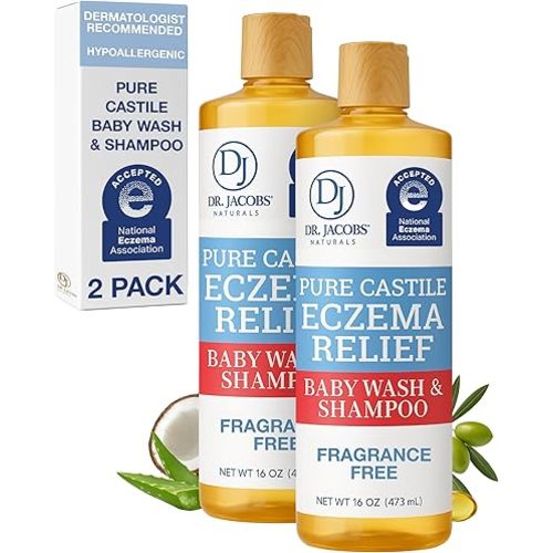 Dr. Jacobs Pure Castile Baby Wash - Effective Body Wash to Relieve Baby Eczema - Gentle Shampoo and Unscented Soap for Sensitive Skin, and Hypoallergenic - 16 oz -2PK