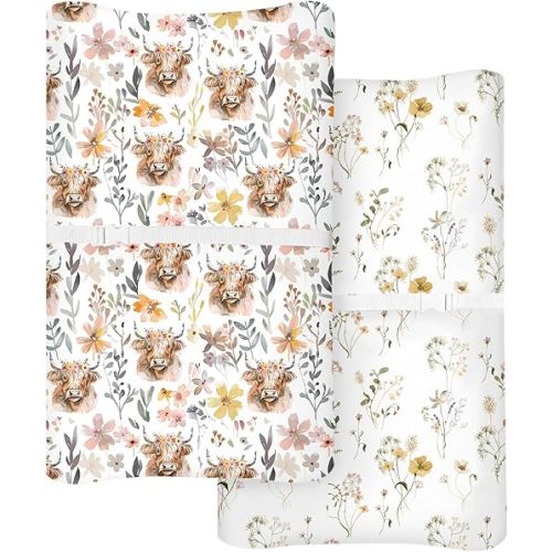 Changing Pad Cover for Baby Boys Girls 2 Pack, Fits Standard 32”×16” Changing Table Pads, Silky Breathable Stretch Knit, Machine Washable (Cottage Cow)