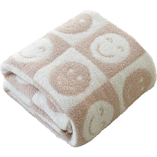 Ultra Soft Cozy Happy Smiling Face Checkered Knitted Throw Blanket Fluffy Microfiber Checkerboard Bed Blanket Lightweight Both Sides Blanket for Couch Sofa Bed (Smile Cream, Throw 50“x60”)