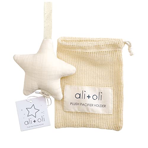 Ali+Oli Plush Muslin Cotton Pacifier Holder (Star-Ivory) Soft Binky Holder for Babies, Plush Holder for Pacifiers, Cute Baby Binkies Plush Holder, Pacifier Holder for Baby Boys & Girls
